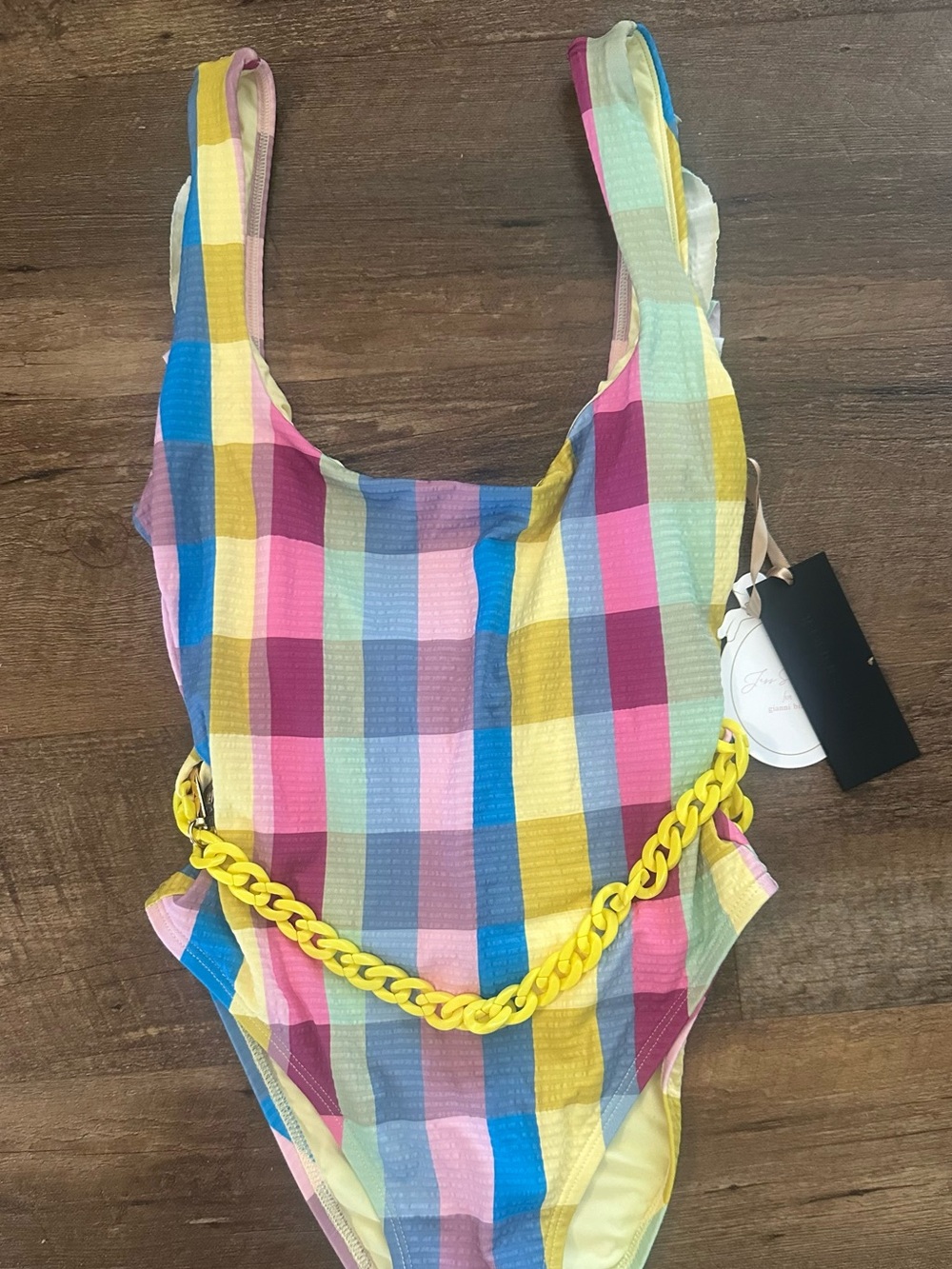 Gianni Bini Multicolor Check One-Piece Swimsuit with Yellow Chain
